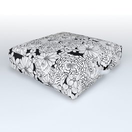 Black and White Sketched Flowers Outdoor Floor Cushion