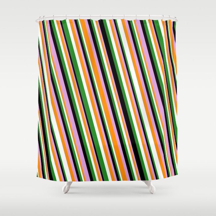Eye-catching Forest Green, Black, Plum, Dark Orange, and White Colored Striped Pattern Shower Curtain