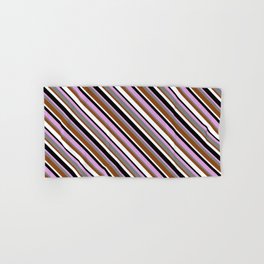 [ Thumbnail: Eyecatching Plum, Grey, Brown, White & Black Colored Striped/Lined Pattern Hand & Bath Towel ]