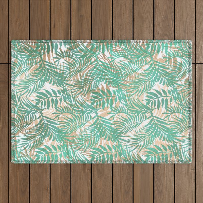 Modern emerald green gold tropical greenery leaves Outdoor Rug