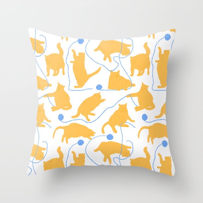 Fat Orange Cats and Blue Yarn Throw Pillow
