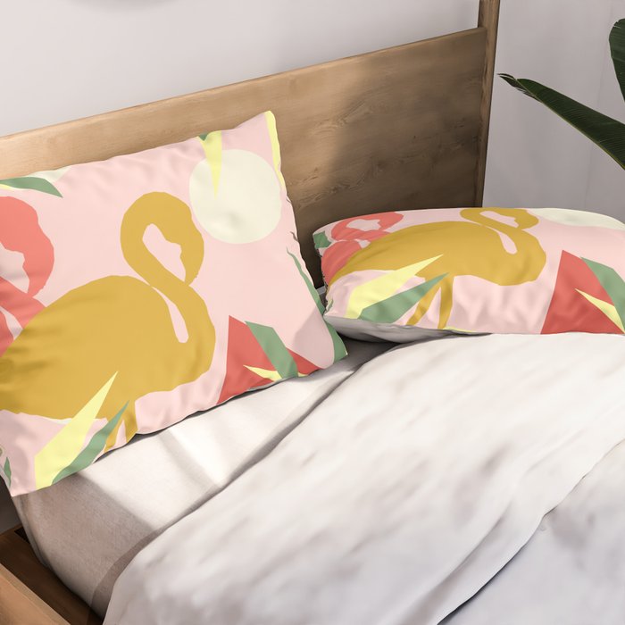 Flamingo jungle pink coral Pillow Sham by ARTbyJWP - Pink flamingo bedding and green decor