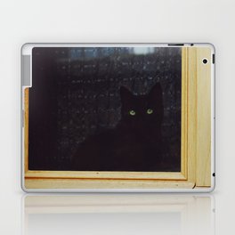 Black cat in window looking outside | Black kitten with green eyes | Cat lovers Laptop Skin