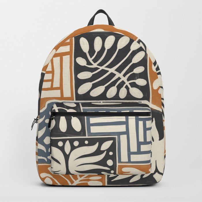 Stylized Floral Patchwork in Rumba Orange, Spade Black and Slate Gray Color Backpack