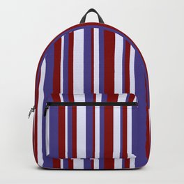 [ Thumbnail: Lavender, Dark Slate Blue & Maroon Colored Lines Pattern Backpack ]