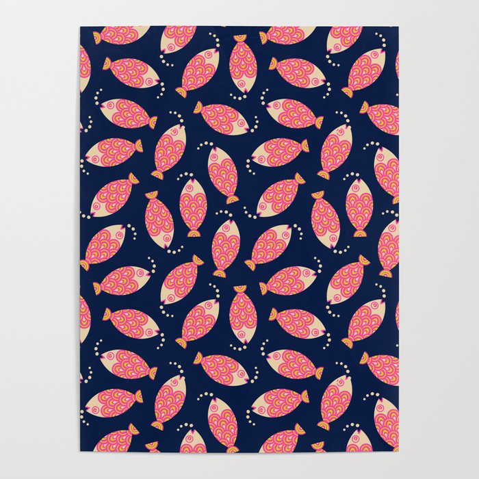 TOSSED SWIMMING FISH in PINK AND SAND ON DARK BLUE Poster