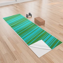 [ Thumbnail: Forest Green & Dark Turquoise Colored Striped Pattern Yoga Towel ]