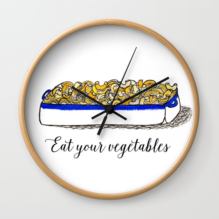 Illustration: Eat Your Vegetables, Food Art, Kitchen Art, Mac n' Cheese Wall Clock