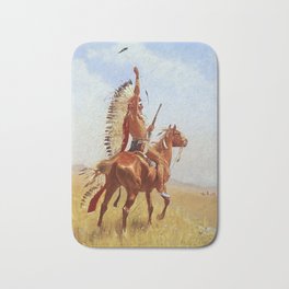 “Defiance” Western Art by Frederick Remington Bath Mat | Cowboys, Threat, Spear, Horseback, Feathers, Defiance, Painting, Headdress, Frontier, Indians 