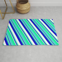 [ Thumbnail: Blue, White, Green, and Turquoise Colored Striped/Lined Pattern Rug ]
