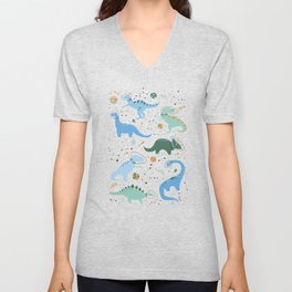 Dinosaurs in Space in Blue V Neck T Shirt