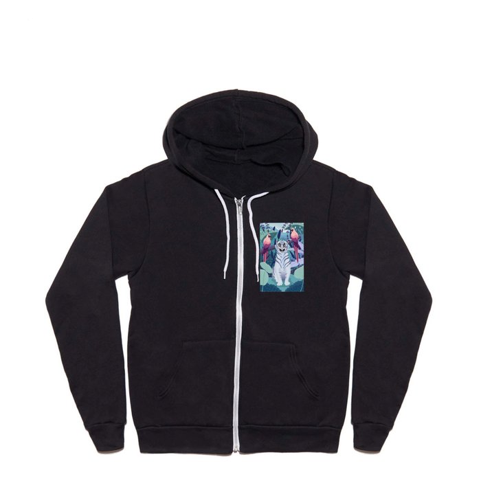 Blue Tiger and Parrots in a Jungle Full Zip Hoodie