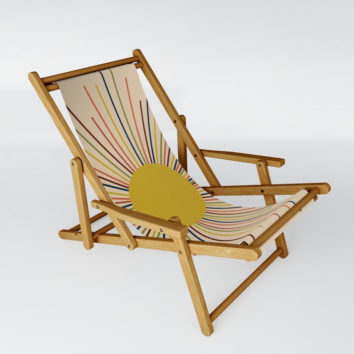 Mid-Century Modern Sunburst - Minimalist Abstract Sun in Mid Mod Mustard, Orange, Olive, Blue, and Beige Sling Chair
