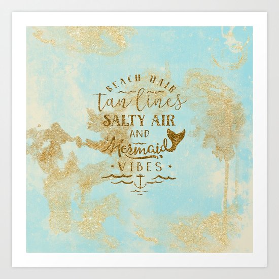 Beach-Mermaid-Mermaid Vibes - Gold glitter lettering on aqua glittering background Art Print