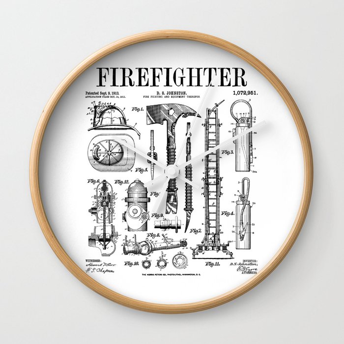 Firefighter Fire Department Fireman Vintage Patent Print Wall Clock