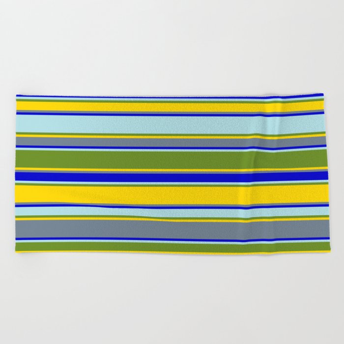 Colorful Powder Blue, Green, Yellow, Slate Gray & Blue Colored Striped Pattern Beach Towel
