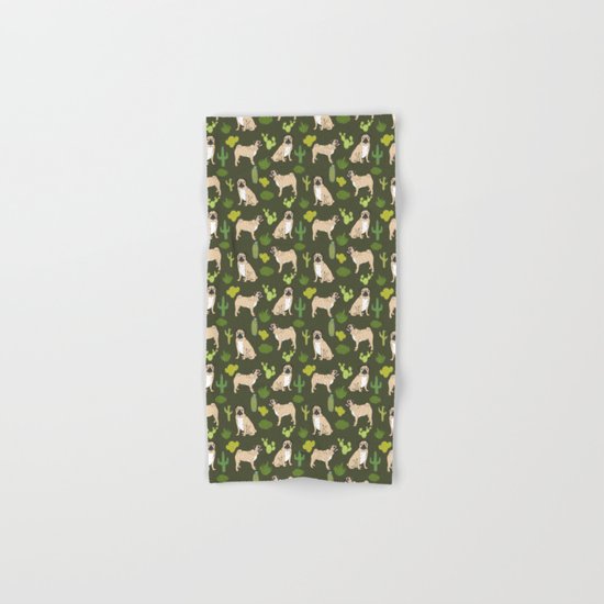 Pug Cactus succulent southwest cute children fur baby pug dog art pet portrait funny animals Hand & Bath Towel