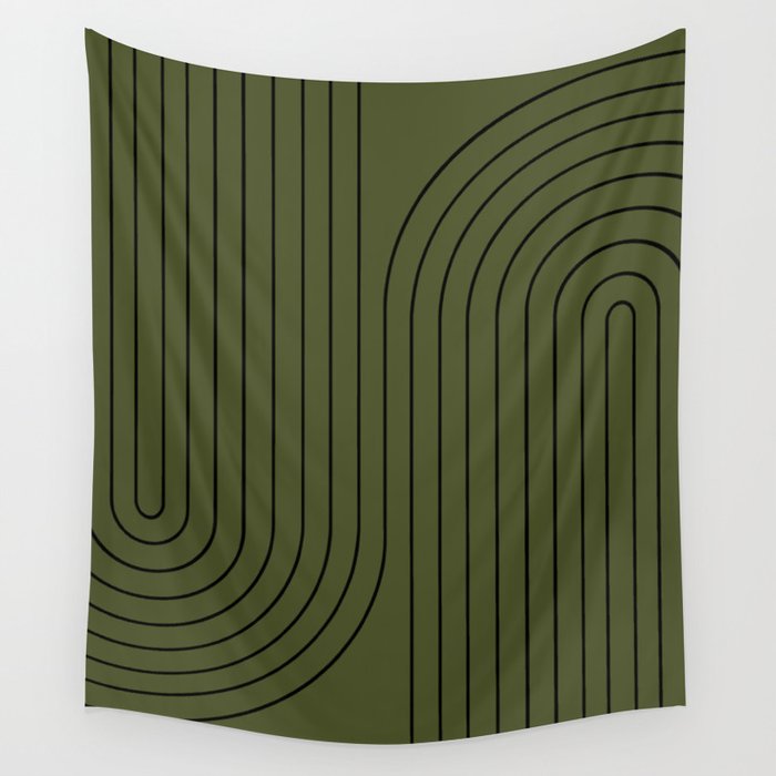 Minimal Line Curvature XVIII Dark Green Mid Century Modern Arch Abstract Wall Tapestry