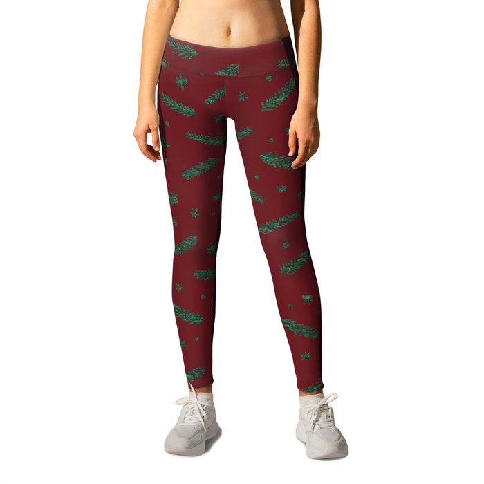 Christmas branches and stars - burgundy and green Leggings