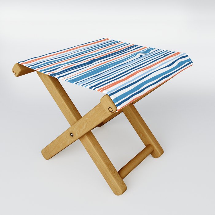 Modern Abstract Ocean Wave Stripes in Classic Blues and Orange Folding Stool