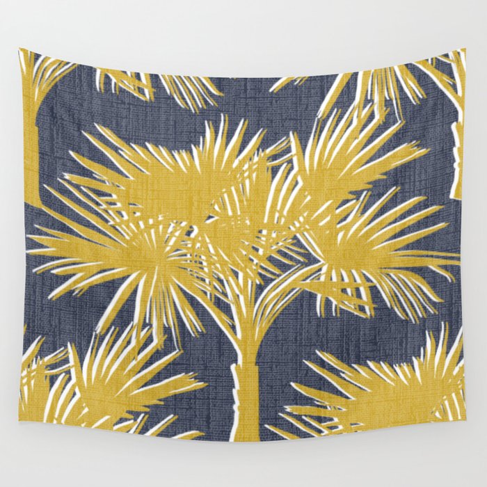 Tropical Palm Trees Gold on Navy Wall Tapestry