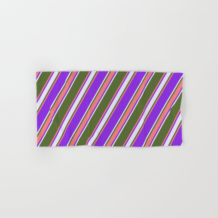 Dark Olive Green, Light Coral, Purple & Lavender Colored Stripes/Lines Pattern Hand & Bath Towel