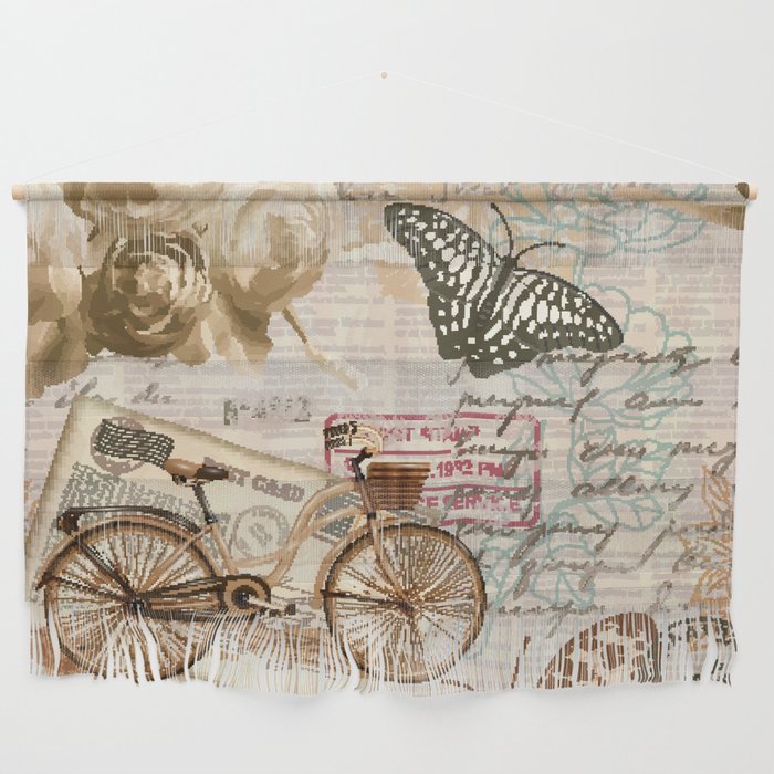 Seamless vintage background with roses, butterfly and bicycle.  Wall Hanging