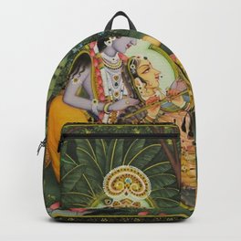 Indian Masterpiece: Radha Krishna in the garden by the stream with lotus flowers landscape painting Backpack