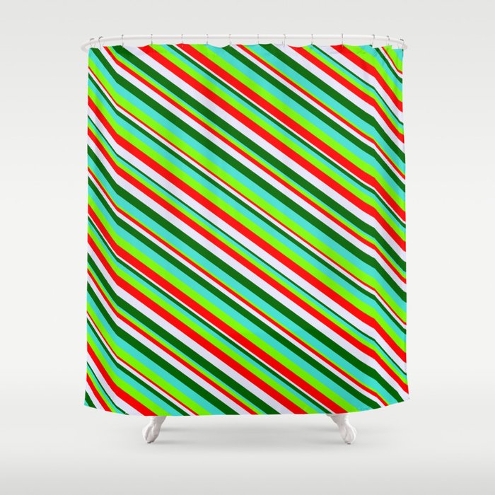 Vibrant Turquoise, Green, Red, Lavender & Dark Green Colored Lined/Striped Pattern Shower Curtain