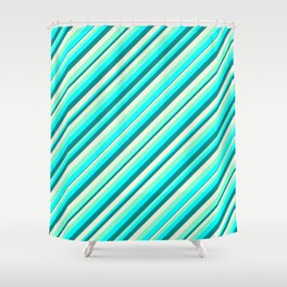 [ Thumbnail: Aquamarine, Cyan, Dark Cyan, and Beige Colored Lined/Striped Pattern Shower Curtain ]