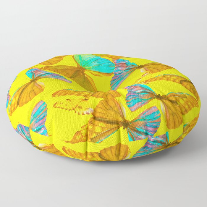Butterflies - turquoise wings - yellow background #decor #society6 #buyart Floor Pillow
