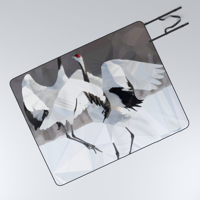 Japanese Red Crowned Cranes Dance Low Poly Geometric  Picnic Blanket