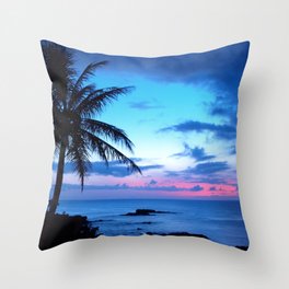 Tropical Island Beach Ocean Pink Blue Sunset Photo Throw Pillow