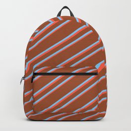 [ Thumbnail: Sienna, Light Sky Blue, and Red Colored Lined Pattern Backpack ]