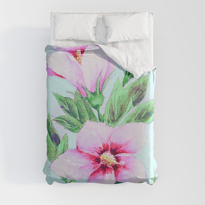 Remix Japanese Woodblock Painting of  Hibiscus Plant  by Megata Morikaga Duvet Cover