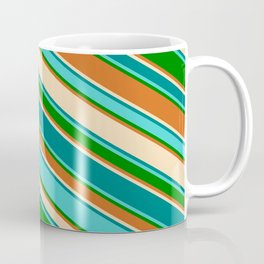[ Thumbnail: Colorful Tan, Teal, Turquoise, Green, and Chocolate Colored Lines Pattern Coffee Mug ]