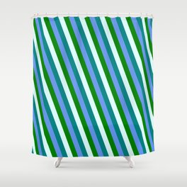 [ Thumbnail: Cornflower Blue, Green, Light Cyan & Teal Colored Stripes Pattern Shower Curtain ]