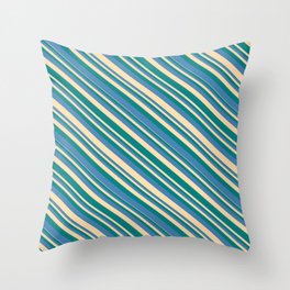 [ Thumbnail: Tan, Teal & Blue Colored Lines/Stripes Pattern Throw Pillow ]