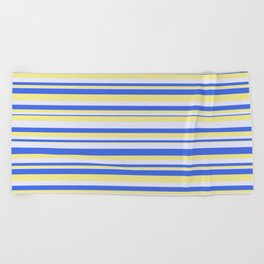 [ Thumbnail: Tan, Lavender & Royal Blue Colored Striped/Lined Pattern Beach Towel ]