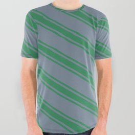 [ Thumbnail: Light Slate Gray and Sea Green Colored Striped/Lined Pattern All Over Graphic Tee ]