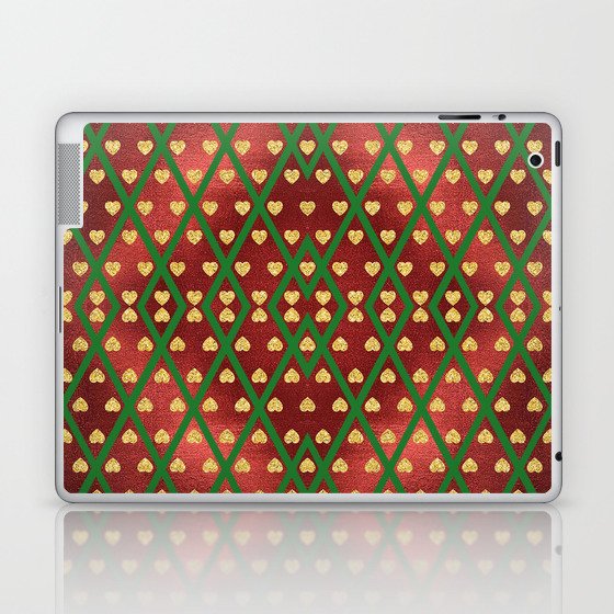 Gold Hearts on a Red Shiny Background with Green Crisscross  Diamond Lines Laptop & iPad Skin