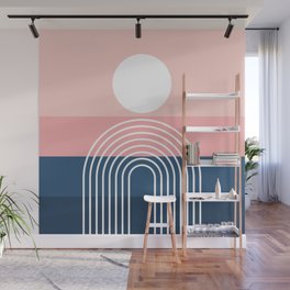 Geometric Rainbow Sun Abstract 14 in Navy Blue Pale Pink Wall Mural