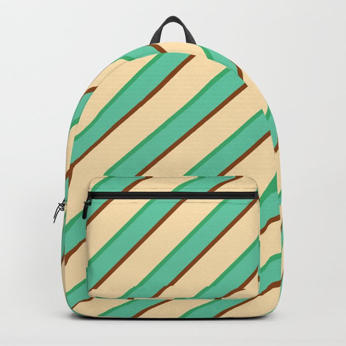 Beige, Sea Green, Aquamarine & Brown Colored Lines Pattern Backpack