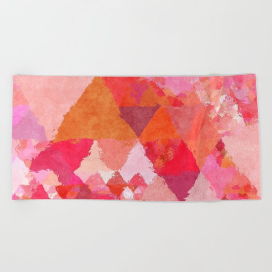 Into the heat - Pink and red watercolor Triangle pattern Beach Towel