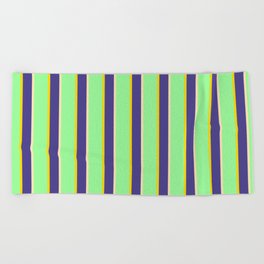 [ Thumbnail: Green, Yellow, Dark Slate Blue & Beige Colored Stripes/Lines Pattern Beach Towel ]