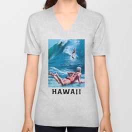 HAWAII 1950s Vintage Surfing Travel Poster V Neck T Shirt