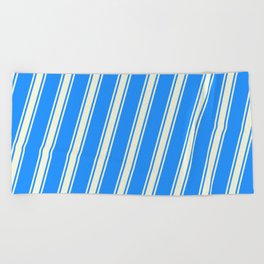 [ Thumbnail: Blue and Beige Colored Striped/Lined Pattern Beach Towel ]