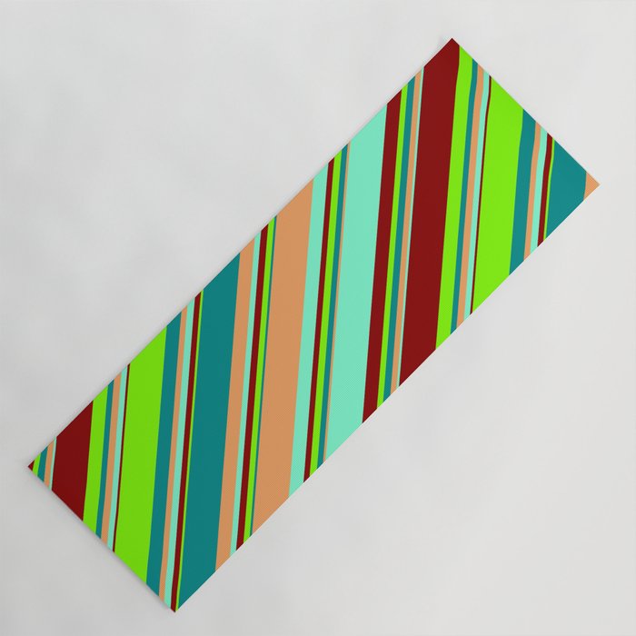 Eyecatching Dark Cyan, Brown, Aquamarine, Dark Red, and Chartreuse Colored Striped/Lined Pattern Yoga Mat