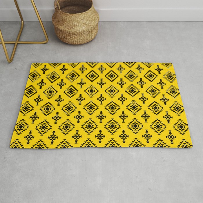 Yellow and Black Native American Tribal Pattern Rug