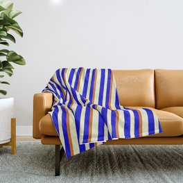 [ Thumbnail: Light Yellow, Blue & Chocolate Colored Lined/Striped Pattern Throw Blanket ]